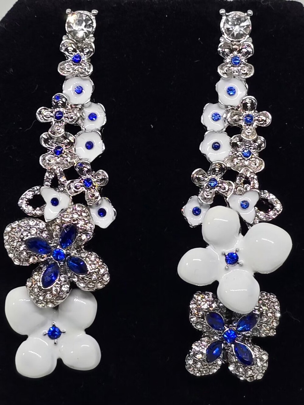 Elegant Floral Drop Earrings - White Enamel & Blue  and Clear Crystals